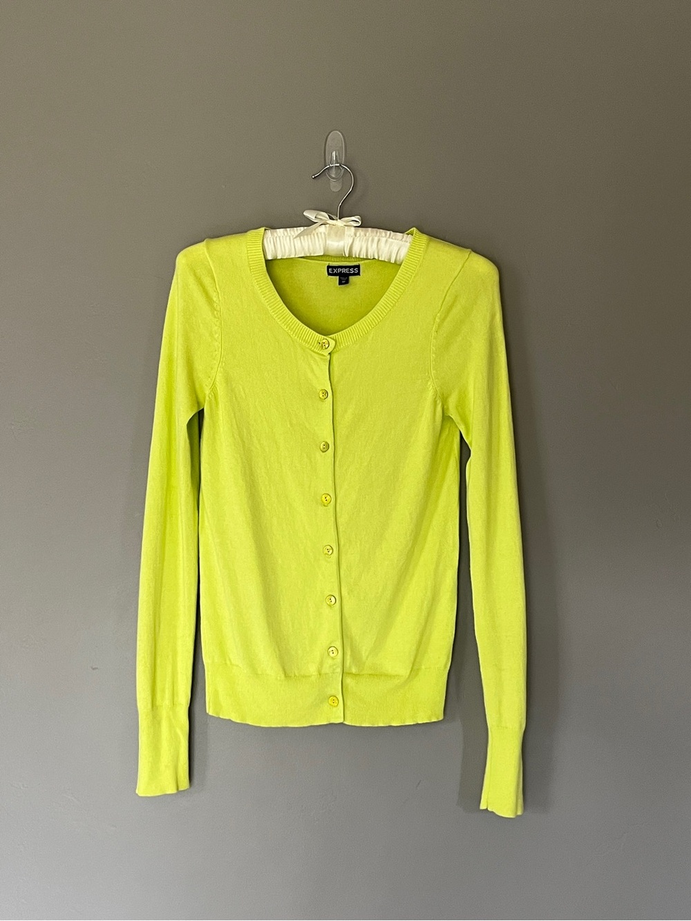 Express XS Chartreuse Neon Yellow Button Down Cardigan Sweater Office Fall Y2K